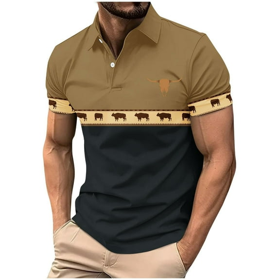 Wyobmus Men's Casual 1/4 Quater Zip Shirts Western Retro Style Printed Short Sleeve Puulovers Classic Color Blocked Slim Fit T-Shirts E-Black