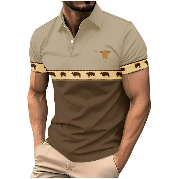 Wyobmus Men's Casual 1/4 Quater Zip Shirts Western Retro Style Printed Short Sleeve Puulovers Classic Color Blocked Slim Fit T-Shirts E-Coffee