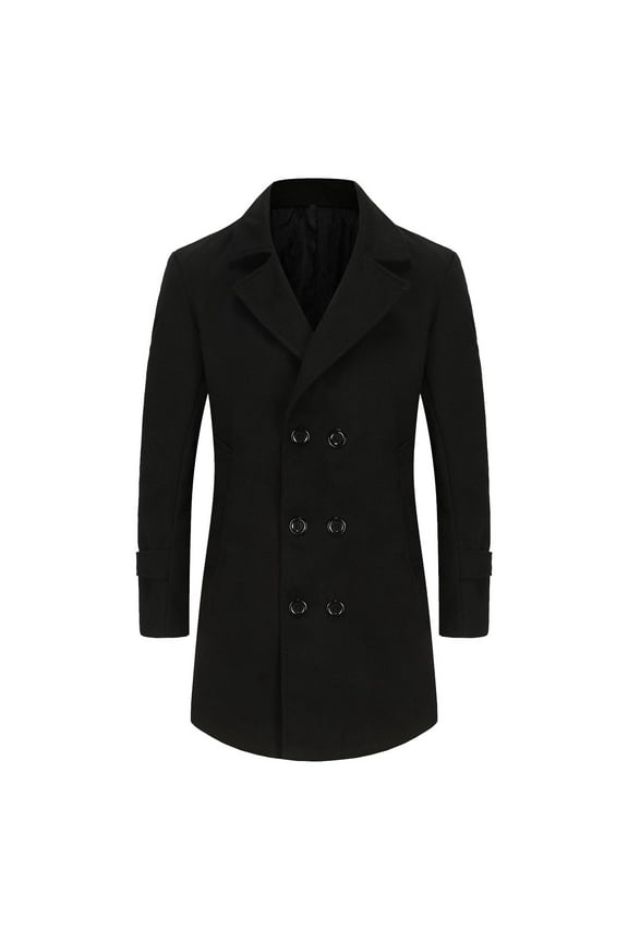 Men's Casual British Style Trench Coat Slim Fit Notched Collar Long Jacket Overcoat Double Breasted Pea Coat Wih Pockets Black