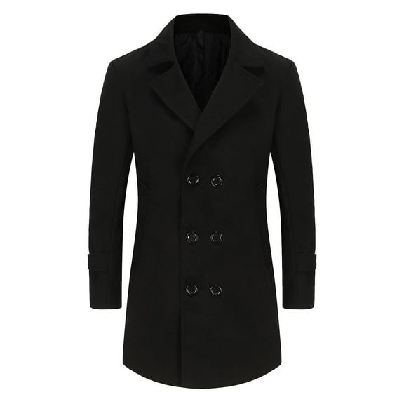 Wyobmus Men's Casual British Style Trench Coat Slim Fit Notched Collar Long Jacket Overcoat Double Breasted Pea Coat Wih Pockets Black