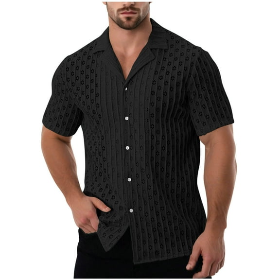 Wyobmus Men's Casual Button Down Shirts Short Sleeve Hollow Out Jacquard Collared Shirt Solid Beach Summer Knit Ribbed Shirt Vacation Shirts B-Black