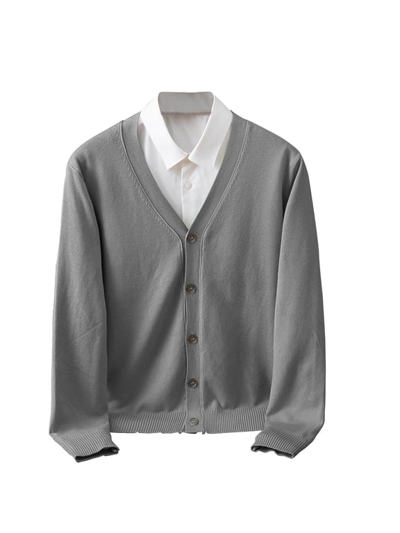 Men's Casual Cardigan Sweaters Long Sleeve V-Neck Cardigans Casual Solid Color Button Down Knitted Sweater A-Dark Gray