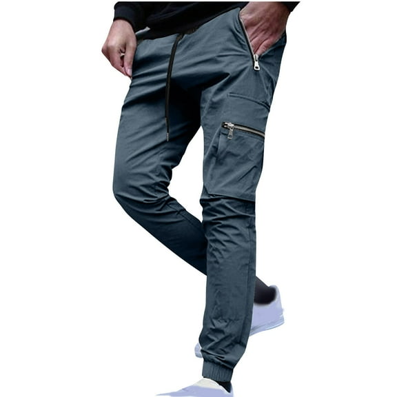 Wyobmus Men's Casual Cargo Pants Relaxed Fit Elastic Cortch Pants Loose Drawstring Bound Feet Zipper Pocket Hippie Pants Dark Gray