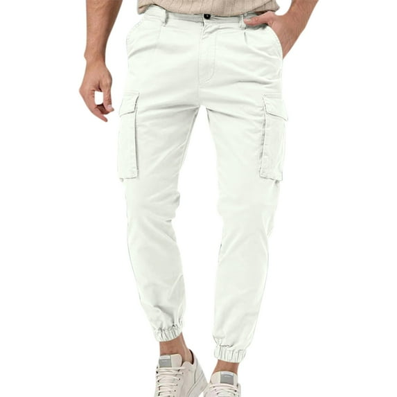 Wyobmus Men's Casual Cargo Pants Solid Color Joggers Hiking Pants Sweatpants Stretch Elastic Waist Closed Feet Work Pants With 6 Pockets And Beltloops White