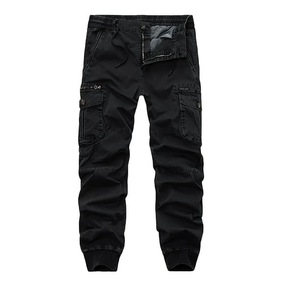 Wyobmus Men's Casual Cargo Pants With Multi Pockets Solid Waistband Washed Lounge Trousers Loose Straight Leg Workout Joggers A-Black
