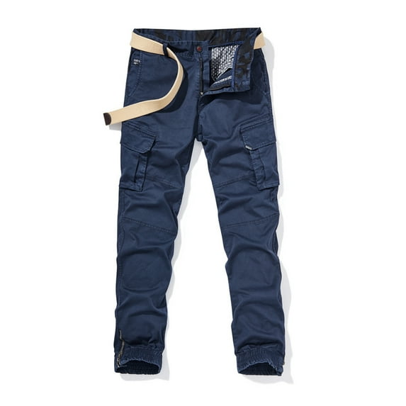 Wyobmus Men's Casual Cargo Pants With Multi Pockets Solid Waistband Washed Lounge Trousers Loose Straight Leg Workout Joggers E-Dark Blue