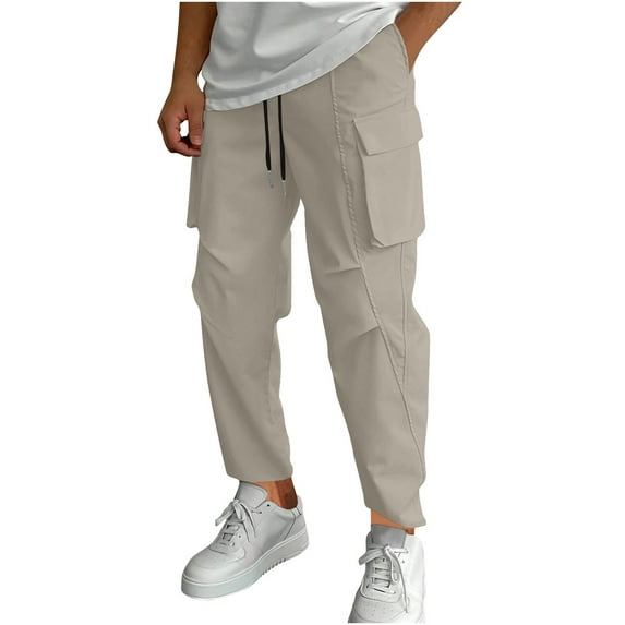 Wyobmus Men's Casual Cargo Pants Workout Joggers Stretch Big Pocket Sweatpants Hiking Drawstring Tactical Pants Khaki