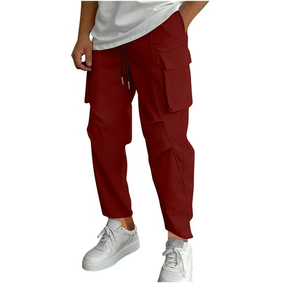 Wyobmus Men's Casual Cargo Pants Workout Joggers Stretch Big Pocket Sweatpants Hiking Drawstring Tactical Pants Red