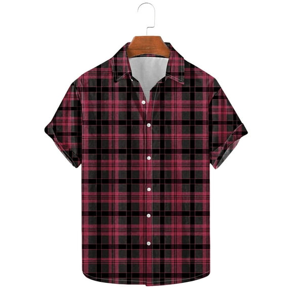 Wyobmus Men's Casual Checkered Shirts Regular Fit Button Up Short Sleeve Turndown Collar Work Shirt A-Burgundy