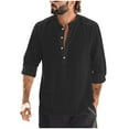 thumbnail image 1 of Wyobmus Men's Casual Cotton Linen Shirt Comfy Solid Color Long Sleeve T-Shirt Mock Collar Plain Tee Tops Black, 1 of 1