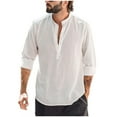 thumbnail image 1 of Wyobmus Men's Casual Cotton Linen Shirt Comfy Solid Color Long Sleeve T-Shirt Mock Collar Plain Tee Tops White, 1 of 1