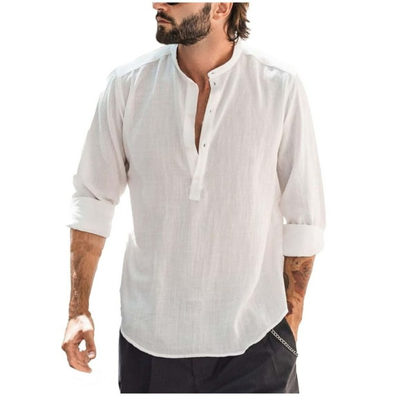 Wyobmus Men's Casual Cotton Linen Shirt Comfy Solid Color Long Sleeve T-Shirt Mock Collar Plain Tee Tops White