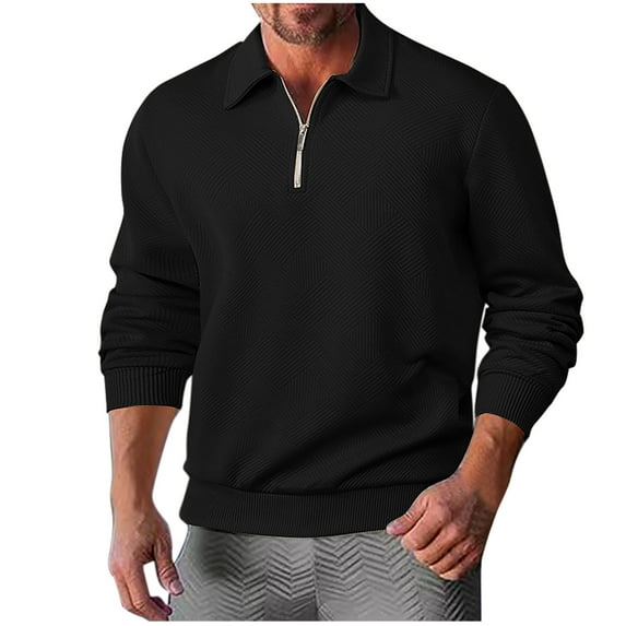 Wyobmus Men's Casual Lapel Collar Shirts Solid Color Quarter Zip Pullover Long Sleeved Sweatshirt Jacquard Weave Top Blouses Black