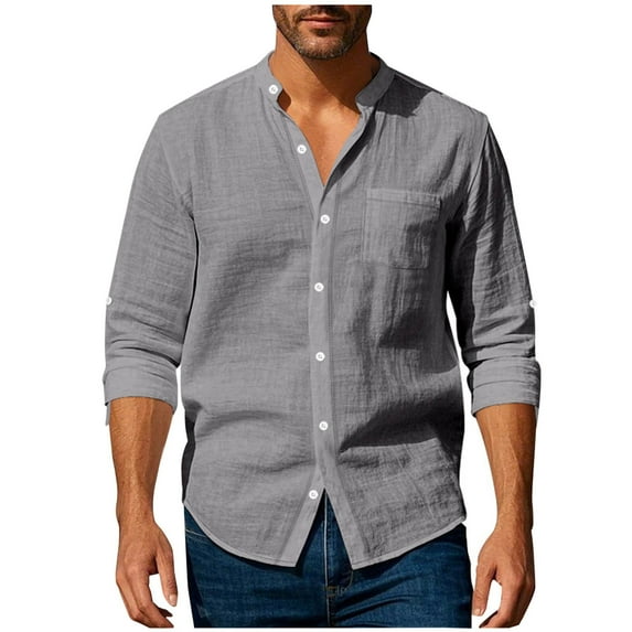 Wyobmus Men's Casual Linen 3/4 Sleeve Shirts Lightweight Button Down Henley Shirts Vacation Beach Summer Tops With Pocket A-Dark Gray