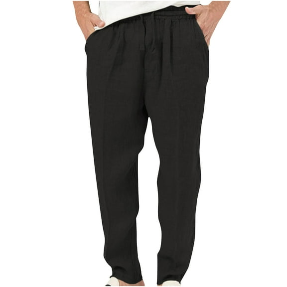 Wyobmus Men's Casual Linen Pants Lightweight Summer Beach Pants Solid Drawstring Waist Casual Trousers With Pocket Black