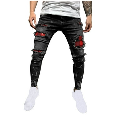 Wyobmus Men's Casual Ripped Jeans Stretchy Distressed Destroyed Slim Fit Straight Leg Denim Jeans A-Black