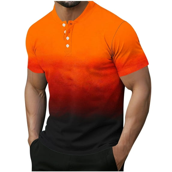Wyobmus Men's Casual Shirt Gradient Color Short Sleeve Henley Shirt Casual Contton Button Up Round Neck Muscle Blouse Orange