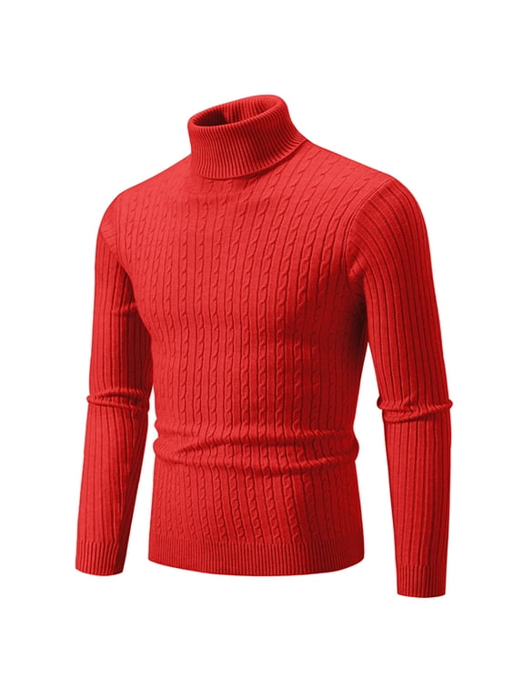 Men's Casual Slim Fit Sweater Vintage Knitted Lightweight Turtleneck Stretch Solid Pullover Sweater Red