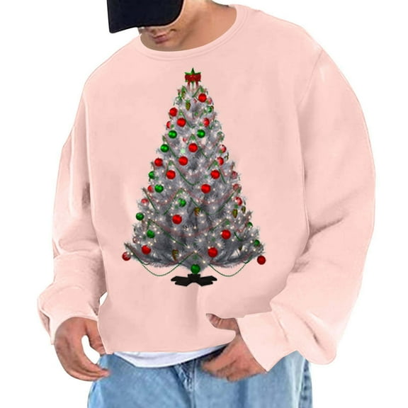 Wyobmus Men's Christmas Sweatshirts Round Neck Activewear Pullover Christmas Tree Print Hoodie Sweatshirts Long Sleeve Tops A-Pink