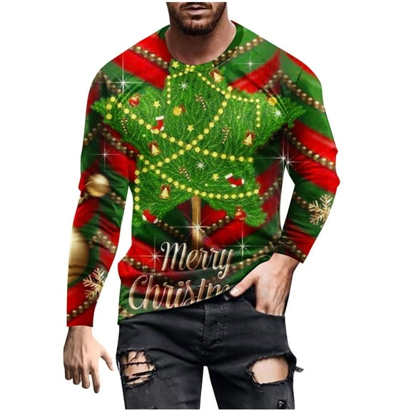 Wyobmus Men's Christmas Sweatshirts Trendy Round Neck Shirt Comfy Long Sleeve T-Shirt Loose Winter Holiday Pullover Tops A-Red