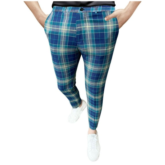 Wyobmus Men's Classic Plaid Dress Pants Flat Front Checked Office Tapered Cotton Suit Pants I-Green