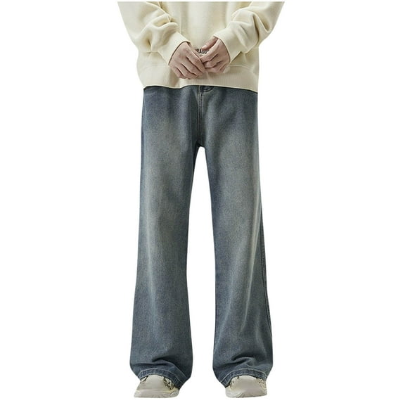 Wyobmus Men's Classic Regular Fit Jeans Vintage Straight Wide Leg Denim Pants With Pockets Loose Fit Jeans Trousers Streetwear D-Blue