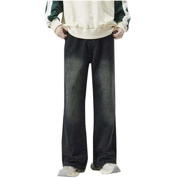 Wyobmus Men's Classic Regular Fit Jeans Vintage Straight Wide Leg Denim Pants With Pockets Loose Fit Jeans Trousers Streetwear D-White
