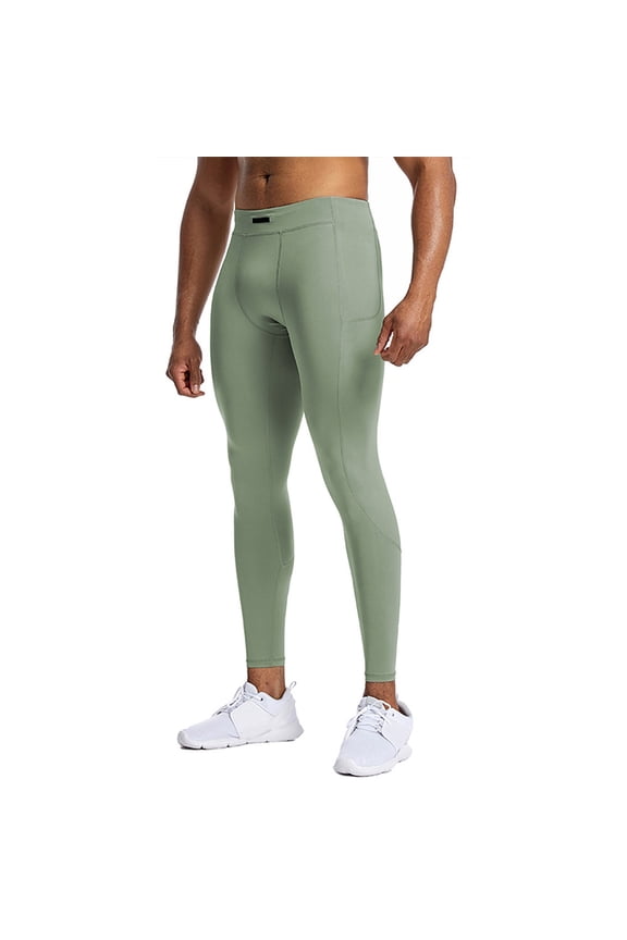 Men's Compression Pants Pockets Quick Drying Gym Leggings Stretchy Breathable Athletic Sports Baselayer Running Workout Basketball Training Pants Tights A-Green