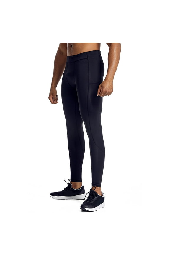 Men's Compression Pants Pockets Quick Drying Gym Leggings Stretchy Breathable Athletic Sports Baselayer Running Workout Basketball Training Pants Tights A-Black