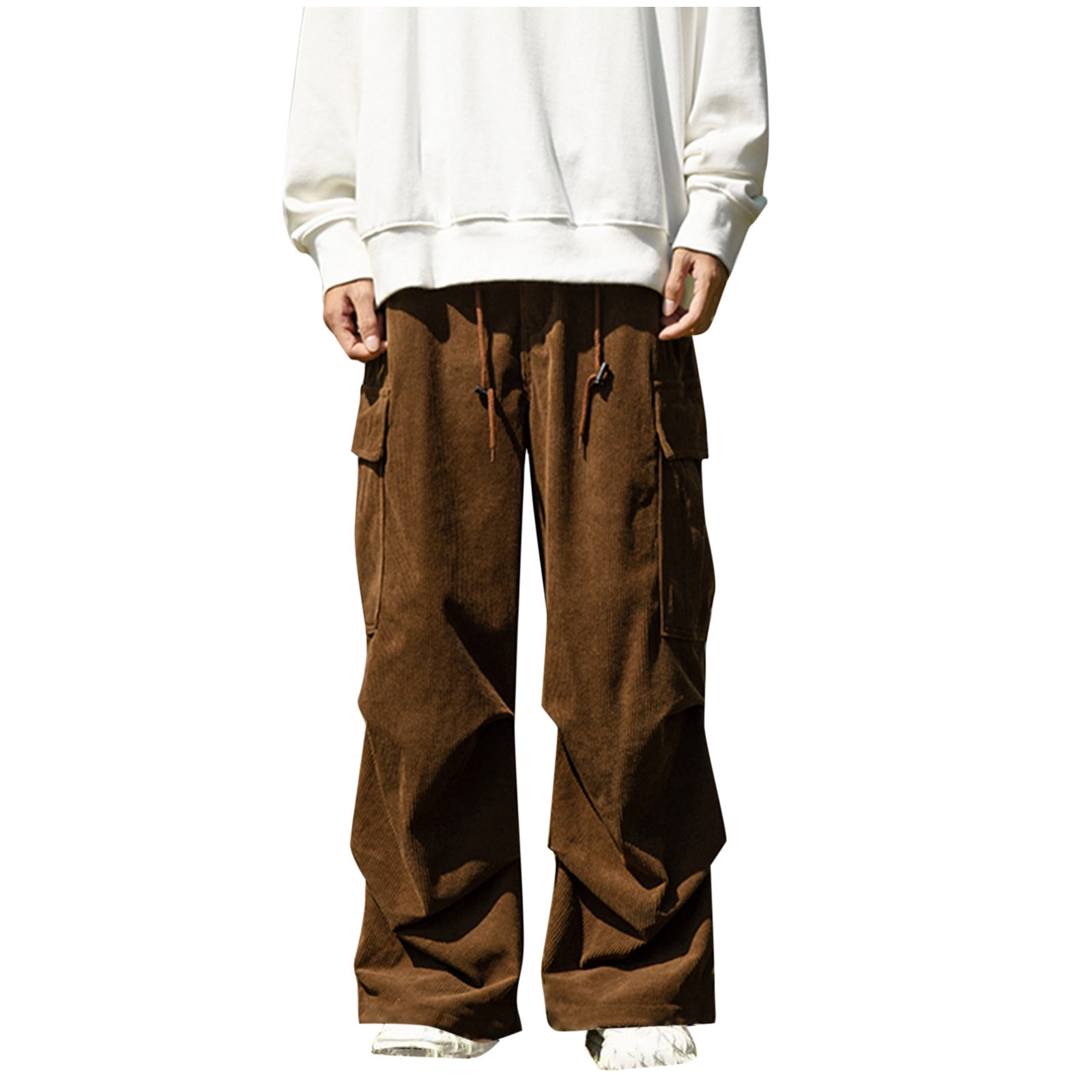 Wyobmus Men's Corduroy Cargo Pants Casual Elastic High Waist Straight ...