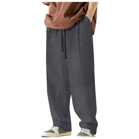 Wyobmus Men's Corduroy Cargo Pants Solid Casual Elastic Waist Drawstring Straight Leg Pants forOutdoor Workout Jogging Running B-Gray