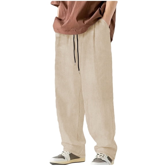 Wyobmus Men's Corduroy Cargo Pants Solid Casual Elastic Waist Drawstring Straight Leg Pants forOutdoor Workout Jogging Running B-Khaki