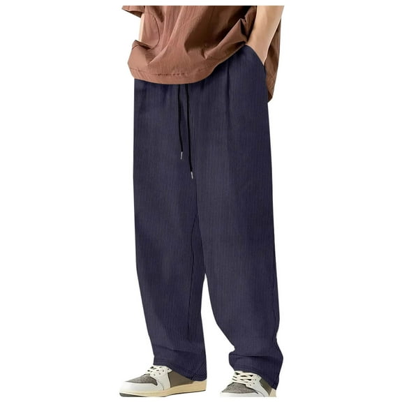 Wyobmus Men's Corduroy Cargo Pants Solid Casual Elastic Waist Drawstring Straight Leg Pants forOutdoor Workout Jogging Running B-Navy
