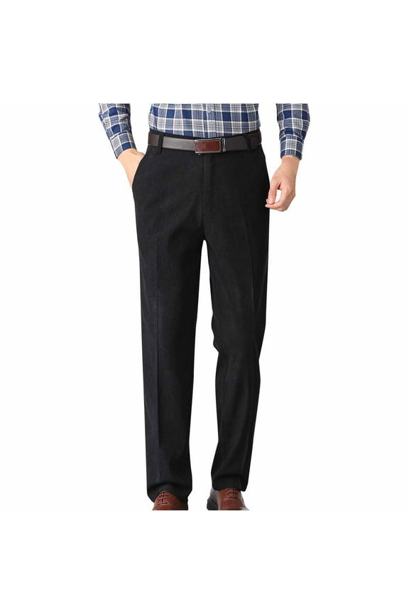 Men's Corduroy Dress Pants Solid Color Straight Leg Pants Casual Drape Button Suit Pants With Pocket Black