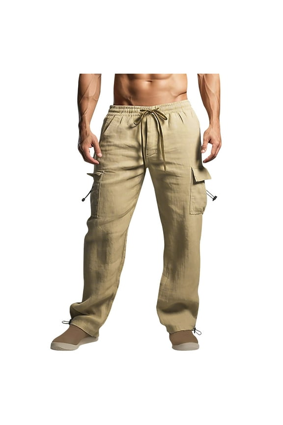 Men's Cotton Lined Cargo Pants Lightweightt Drawstring Elastic Waist Multi-Pocket Casual Crgo Pants Khaki