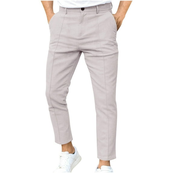 Wyobmus Men's Cotton Lined Dress Pants Casual Fall Winter Double Folded Trousers Solid Color Casual Straight Leg Suit Pants With Pockets Gray