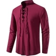 thumbnail image 1 of Wyobmus Men's Cotton Lined Turtleneck Shirts Retro Lace Up Shirts for Renaissance Pirate Scandinavia Medieval Burgundy, 1 of 2