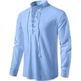thumbnail image 1 of Wyobmus Men's Cotton Lined Turtleneck Shirts Retro Lace Up Shirts for Renaissance Pirate Scandinavia Medieval Light Blue, 1 of 4