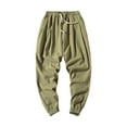 thumbnail image 1 of Wyobmus Men's Cotton Linen Harem Pants Drawstring Casual Cropped Trousers Lightweight Loose Beach Tapered Pants With Pockets A-Olive Green, 1 of 3