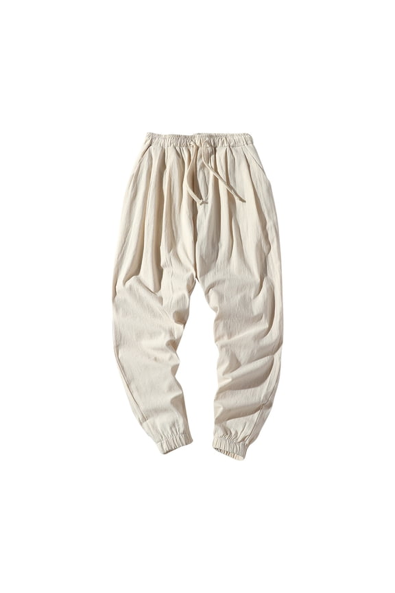 Men's Cotton Linen Harem Pants Drawstring Casual Cropped Trousers Lightweight Loose Beach Tapered Pants With Pockets A-White
