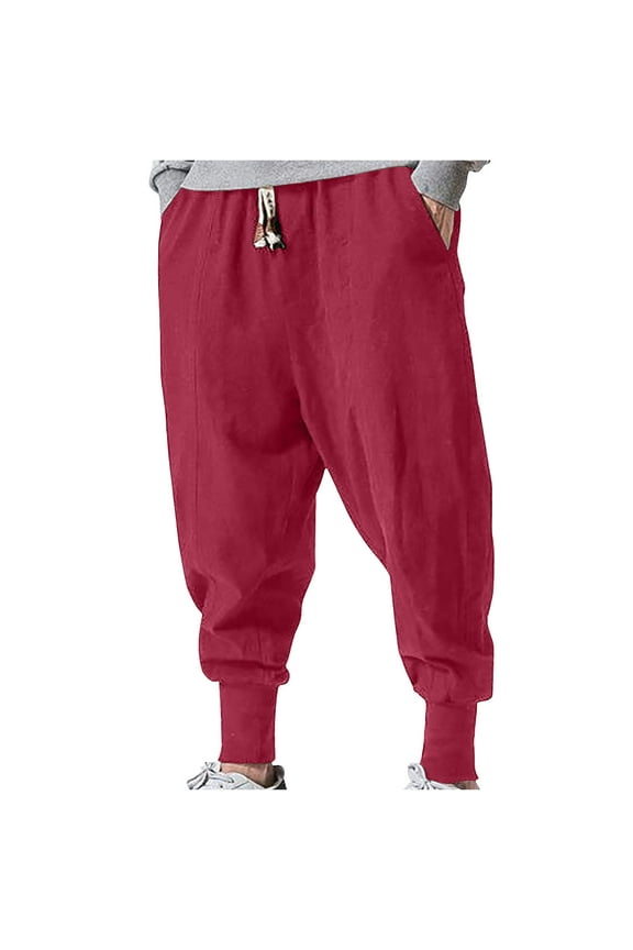 Men's Cotton Linen Harem Pants Drawstring Casual Cropped Trousers Lightweight Loose Beach Tapered Pants With Pockets B-Burgundy