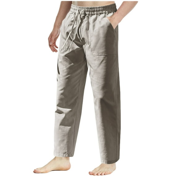 Wyobmus Men's Cotton Linen Pants Cargo Hiking Pants Drawstring Joggers Pants Workout Sweatpants Straight Leg Cargo Pants With Pockets Gray