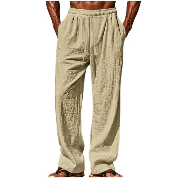 Wyobmus Men's Cotton Linen Pants Casual Drawstring Waist Beach Pants Summer Lightweight Breathable Vacation Trousers A-Khaki