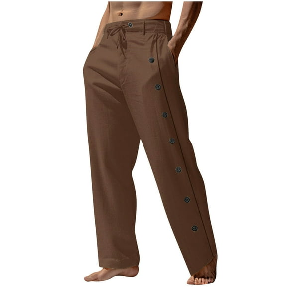 Wyobmus Men's Cotton Linen Pants Casual Wide Leg Trousers Elastic Waist Blended Breathable Comfortable Soft Beach Pants Brown