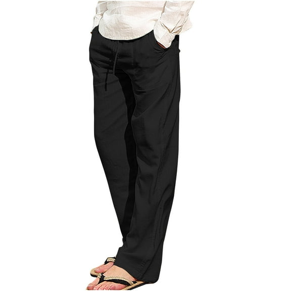 Wyobmus Men's Cotton Linen Pants Lightweight Summer Casual Beach Pants Drawstring Waist Plian Casual Trousers With Pocket S-5XL A-Black