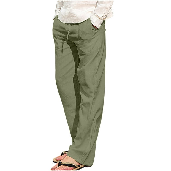 Wyobmus Men's Cotton Linen Pants Lightweight Summer Casual Beach Pants Drawstring Waist Plian Casual Trousers With Pocket S-5XL A-Olive Green