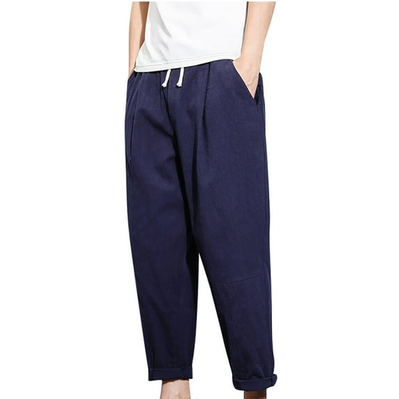 Wyobmus Men's Cotton Linen Pants Plus Size Casual Trousers Summer Breathable Elastic Waist Solid Drawstring Cropped Pants B-Navy