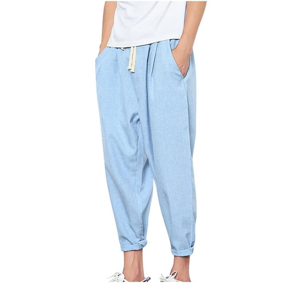 Wyobmus Men's Cotton Linen Pants Plus Size Casual Trousers Summer Breathable Elastic Waist Solid Drawstring Cropped Pants C-Blue