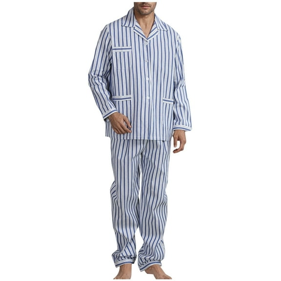 Wyobmus Men's Cotton Pajamas Set Striped Button Up Patient Care Gown Long Sleeve Turndown Collar Pajama Sets Size S-3XL B-Blue