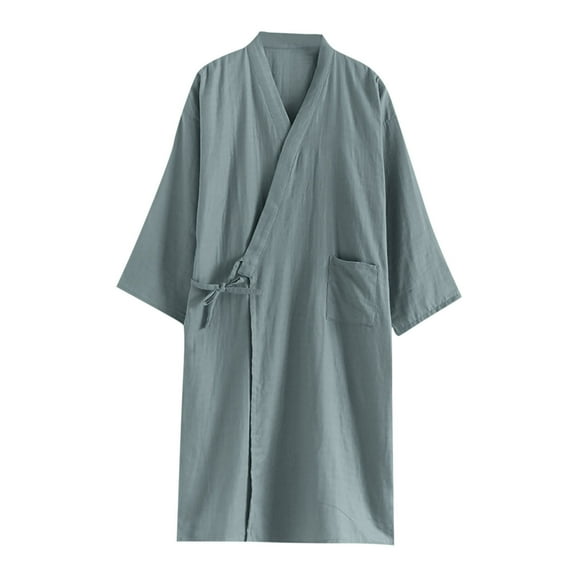Wyobmus Men's Cotton Robe Lightweight Knee Length V neck Kimono Cross Front Bathrobe Nightgown Shower Robe for Spa Olive Green